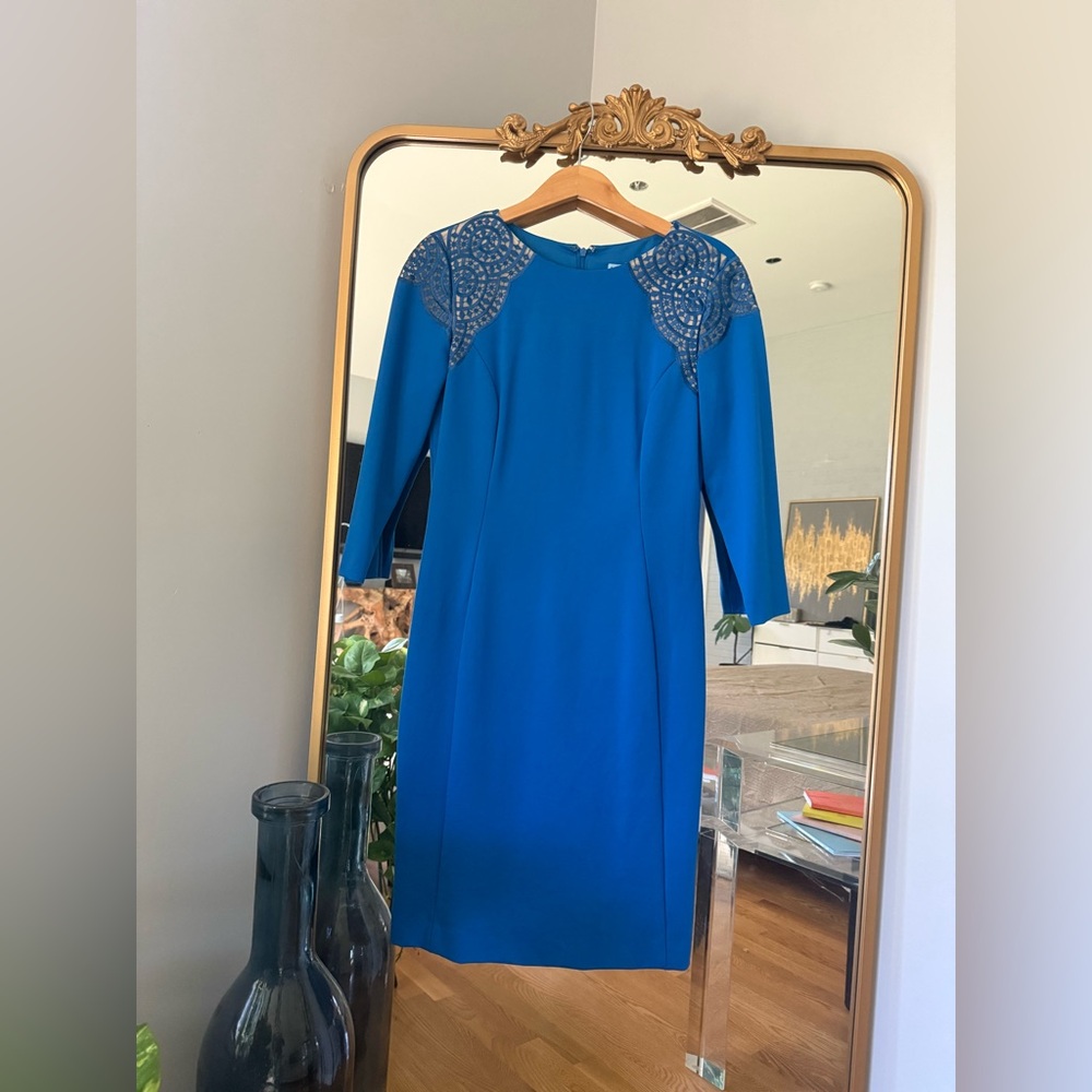 Antonio Melani Royal Blue Cocktail Dress with Beaded Shoulder Detail